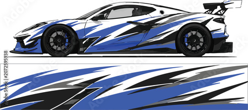 Blue and white racing sports car.
