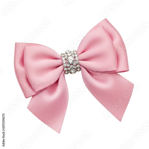 Pink decorative bow with rhinestone center isolated on transparent background