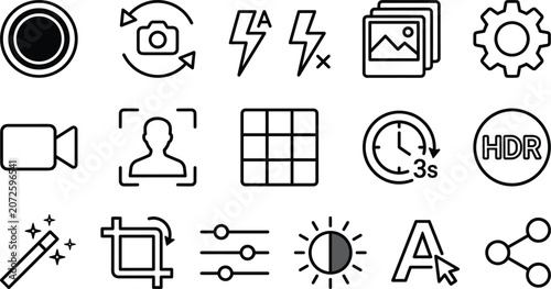 Tableau sur toile Camera and photography application line icon set featuring shutter button flash