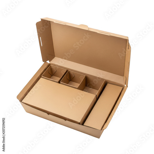 Open cardboard box with protective foam inserts isolated on transparent background