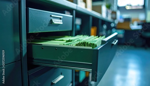 Row of office filing cabinets with open folder drawer.