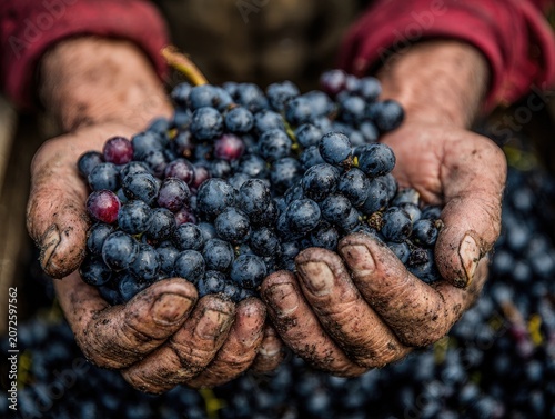 Dirty hands holding fresh blueberries closely.