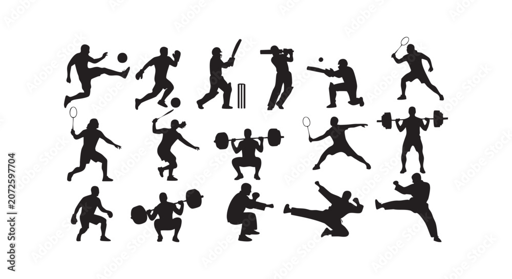 Obraz premium Diverse sports action silhouettes featuring football cricket badminton weightlifting and martial arts for athletic design.