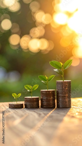 Plant growth on stacked coins symbolizing financial investment and growth