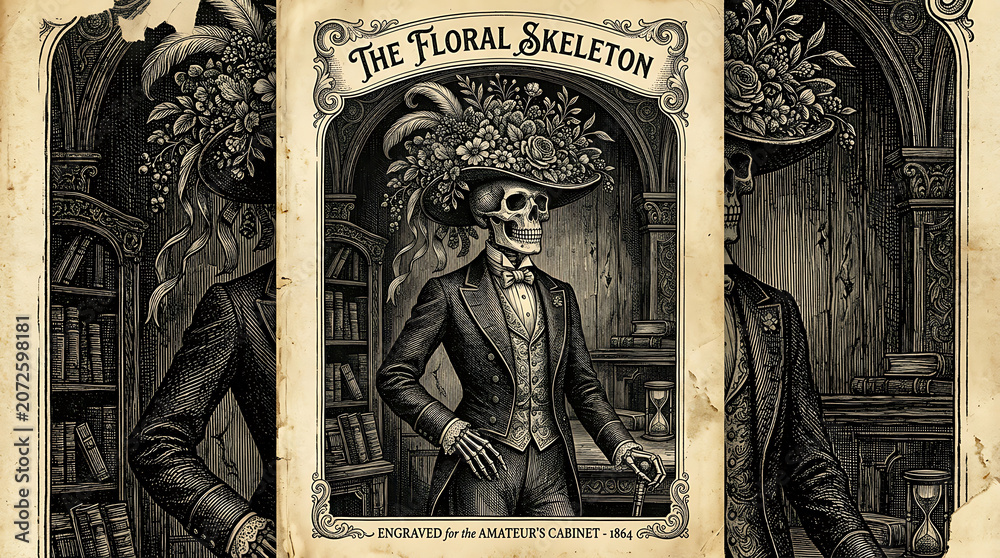 Fototapeta premium Victorian Skeleton Wearing Floral Hat and Suit in Ornate Setting
