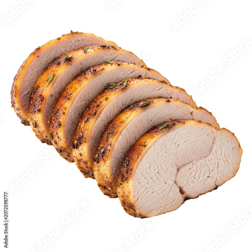 Sliced roast beef with caramelized crust isolated on transparent background