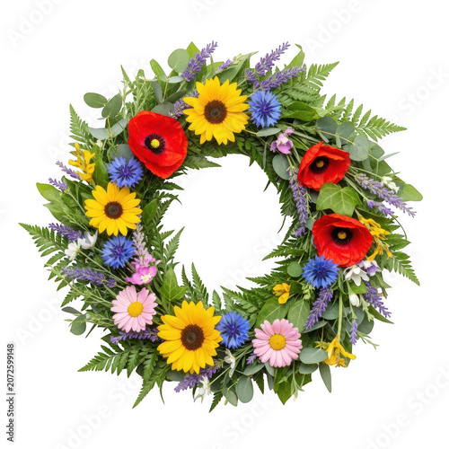 Colorful flower wreath decoration with greenery isolated on transparent background