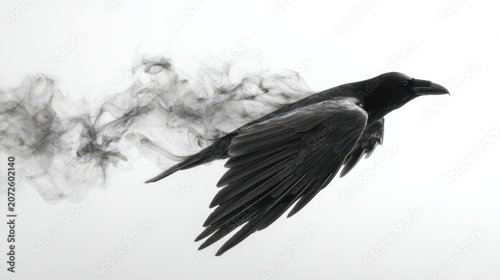 Fototapeta premium High-contrast studio shot of a crow rising from smoke with isolated white background