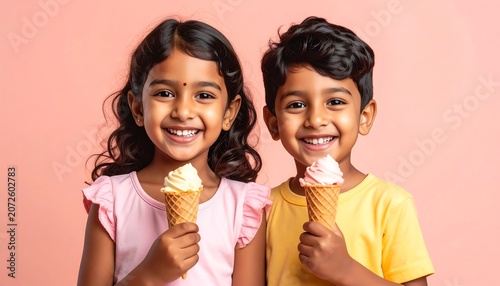 Two happy Indian children holding ice cream cones, smiling