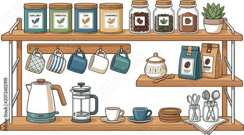 Foto Cozy coffee station and tea bar wooden shelves vector illustration with mugs ket