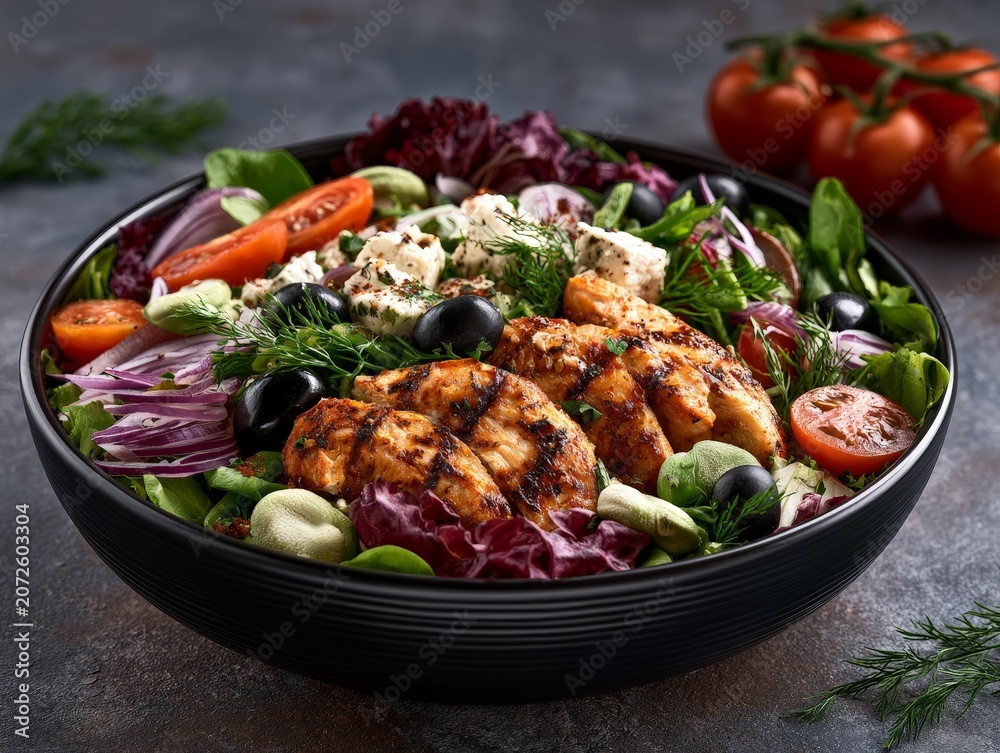 Fototapeta premium Colorful Salad Bowl with Fresh Vegetables and Grilled Chicken Protein