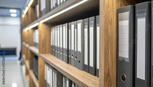 Selective focus of lever arch files on office storage rack.