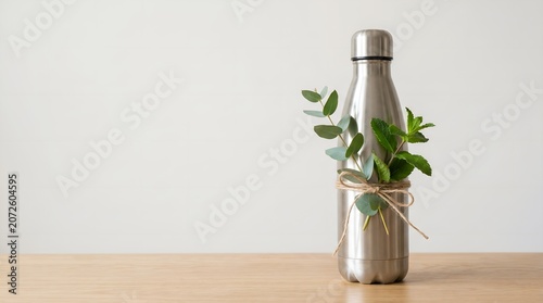 Reusable metal bottle with eucalyptus leaves and twine, environmental concept