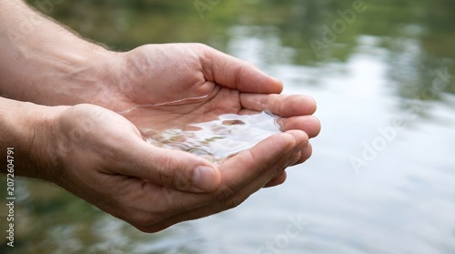 Cupped Hands Holding Pure Clear Fresh Water From A Natural Stream In A Serene Outdoor Setting