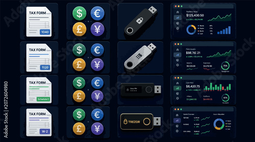 Digital financial management tools including tax forms, currency symbols, hardware wallets, and.