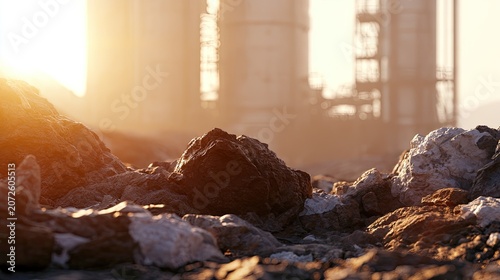 Harsh desert landscape with industrial silos against a bright, hazy sunset
