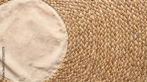 Natural Woven Jute Fiber Mat with a Central Smooth Beige Fabric Patch for Interior Decor Design