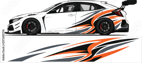 White sports car with decals.