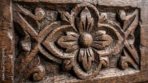 Intricate Hand Carved Wooden Floral Ornament Pattern Featuring Classic Vintage Relief Detail