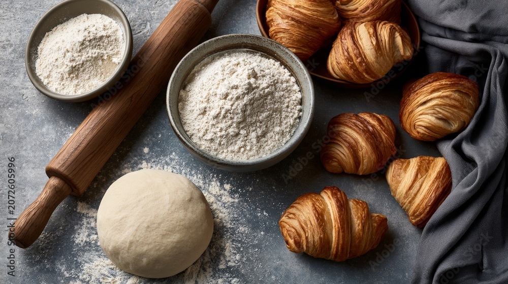 Fototapeta premium Bakery Scene with Flour, Dough, Rolling Pin, and Fresh Croissants