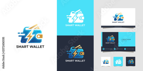 A professional logo design for 'Smart Wallet' featuring a stylized wallet with a lightning bolt, presented in various color schemes and on business card mockups.