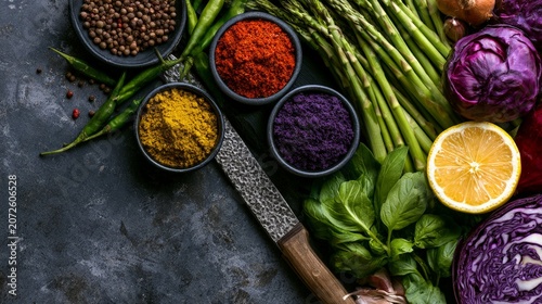 Colorful Ingredients for Cooking and Arrangement on Dark Surface