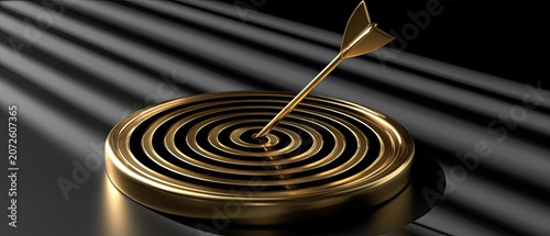 Golden arrow pierces bullseye of concentric rings on dark background