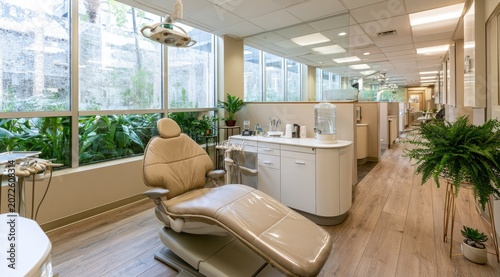 Modern dental chair and equipment in bright, plant-filled examination room