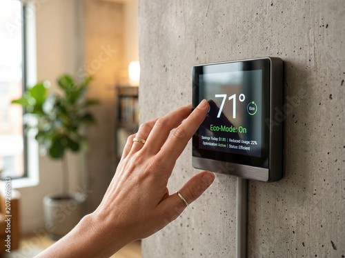 Close Up of Hand Adjusting Digital Thermostat Screen on Apartment Wall