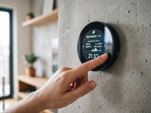 Close Up of Hand Adjusting Digital Thermostat Screen on Apartment Wall