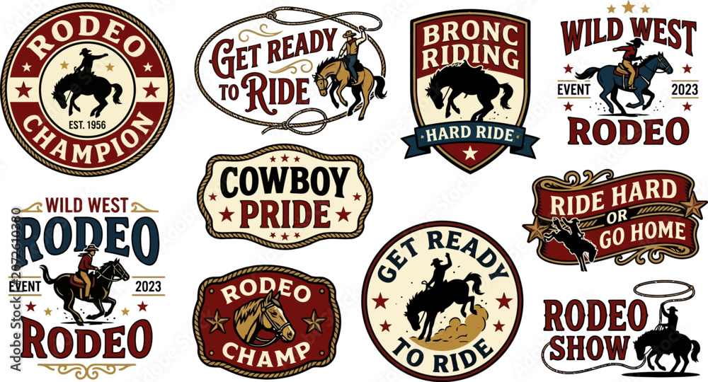 Fototapeta premium Collection of rodeo badges with horses and cowboys in various designs and colors