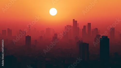 Hazy orange sunset silhouetting a dense city skyline
