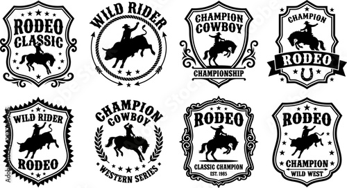 Schilderij op canvas Rodeo champion logos with cowboy riding horse and bull silhouettes  western styl