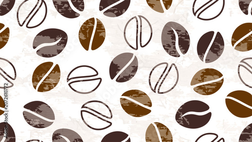 Coffee Seamless Pattern. Sketch for Food Shop, Menu, Bakery Cafe. Coffee Beans with Grunge Effect Brown and Beige Colors. Vector Art Border Background.