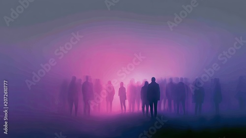 Silhouetted figures gather in a hazy, ethereal glow of pink and purple light