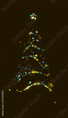 Christmas Trees. Spiral Light. Garland Black Background. Swirls Yellow, Blue Stars. Magic Shimmering Particles. Glowing Holiday Decor. Merry Christmas and Happy New Year Vector Background.