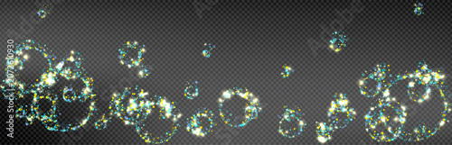 Cyan, Gold, Blue Stars Confetti. Shimmering Shiny particles. Scattered little sparkling, glitter light points. Stellar falling on black background. New Year Christmas background. Vector illustration.