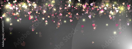 Heart love vector background. Valentine frame. Pink heart confetti. Scattered love symbols. Random falling heart shape on transparent black background. Beautiful Invitation Greeting Card Illustration.