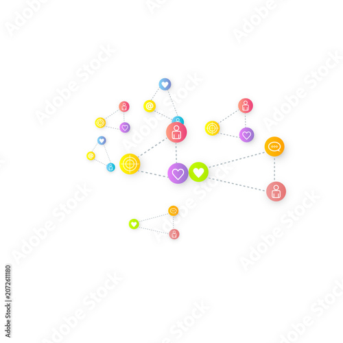 Social media marketing, Communication networking concept. Random icons social media services tags linked on white background. Comment, friend, like, share, target, message. Vector Internet concept.