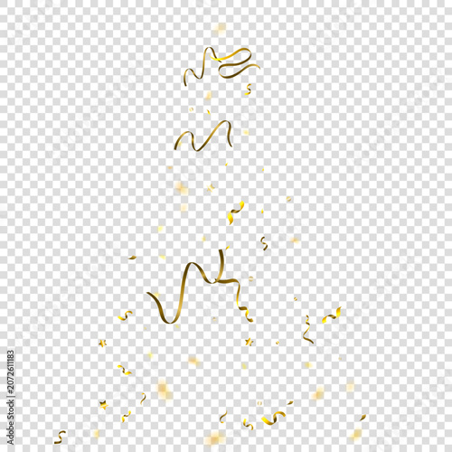 Serpentine. Gold Foil Streamers Ribbons. Confetti Star Falling on Transparent Background. Party, Birthday Vector Template. Sparkle Serpentine. Celebration Elements. Bright Gold Festive Tinsel.