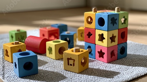 Colorful wooden blocks with various shapes and holes arranged on a rug