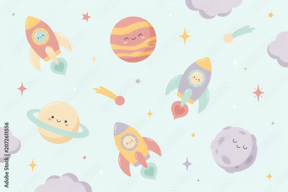 Fototapeta premium Cute space pattern with smiling planets, cartoon rockets, shooting stars, and soft purple clouds on a light blue background, for children