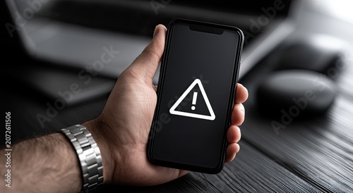 Person holding smartphone displaying a warning triangle alert symbol
