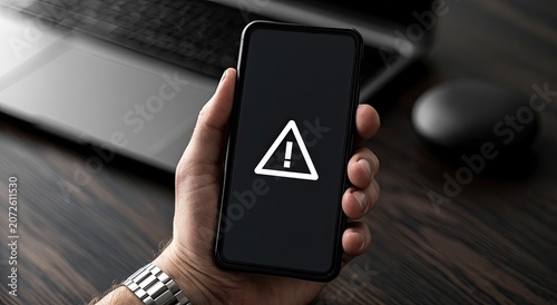 Person holding smartphone displaying a warning symbol
