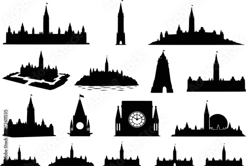 Bild auf Leinwand Canadian parliament building Ottawa peace tower clock flag gothic silhouettes ve