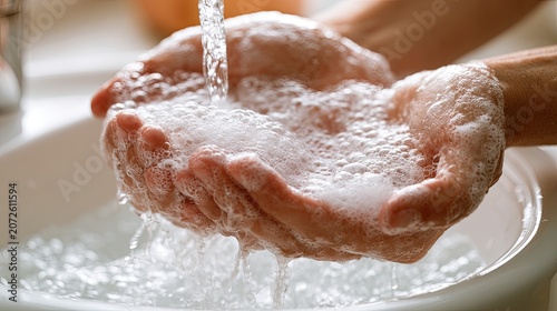 Hands covered in soap bubbles under running water in a white sink