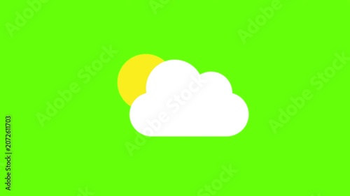 Flat weather icon of yellow sun and white cloud isolated on a green screen background in 4k resolution
