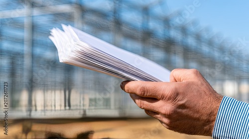 Hand holding stack of documents against blurred industrial structure
