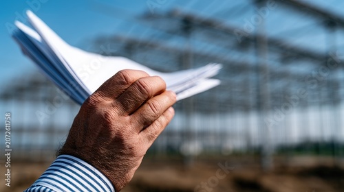 Hands hold papers, construction project unfolds in background