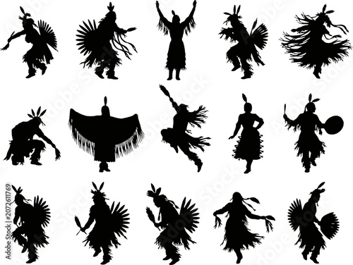 Schilderij op canvas Indigenous native powwow dancer traditional regalia feather ceremony silhouettes